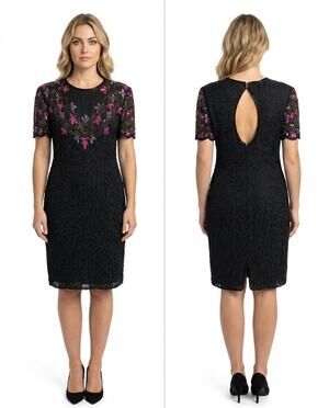 Vintage AP Ltd 100% Silk Beaded Sequin Keyhole Sheath Dress Women Size 8